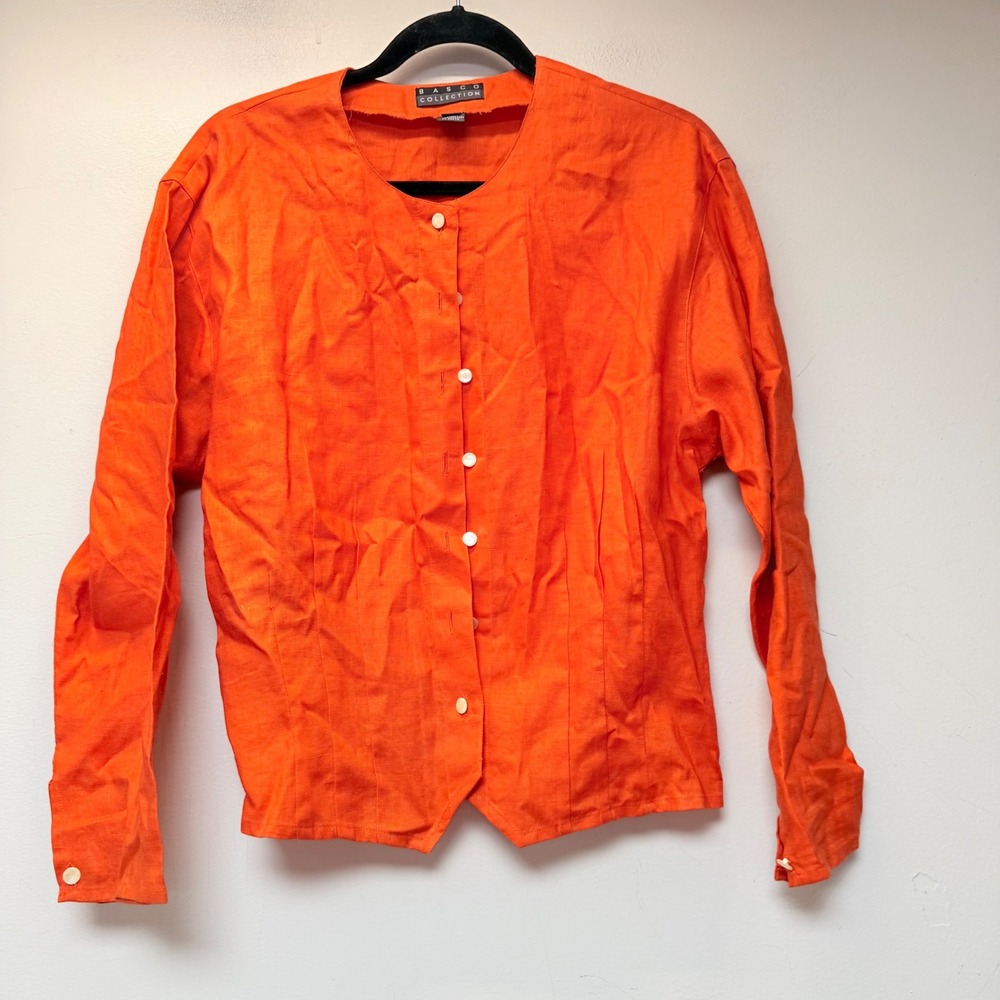 Basco Collection Blouse Womens Medium Orange Excellent Collarless Button‎ Down